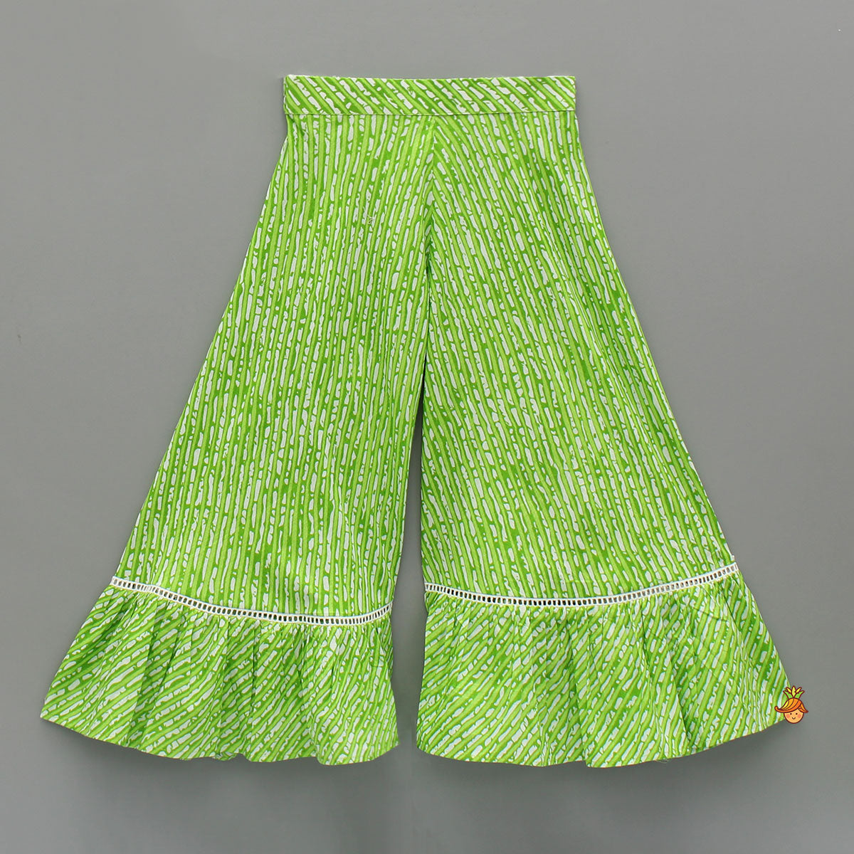 Bandhani And Leheriya Printed Green Kurti And Palazzo With Net Dupatta