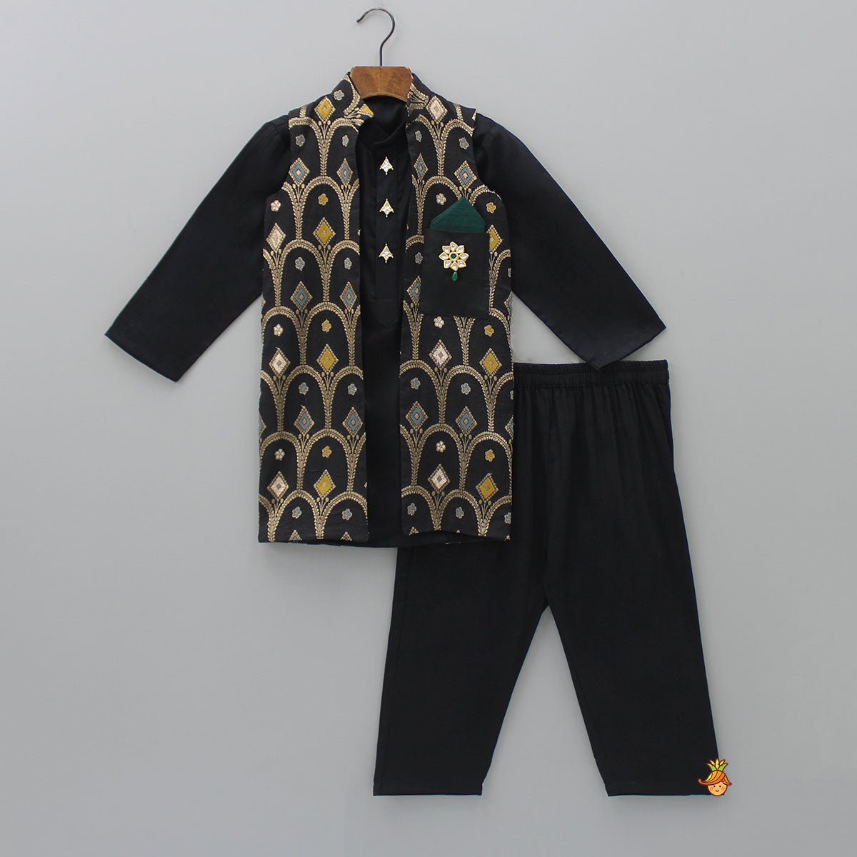 Pre Order: Silk Black Ethnic Kurta With Patch Pocket Embroidered Jacket And Pyjama