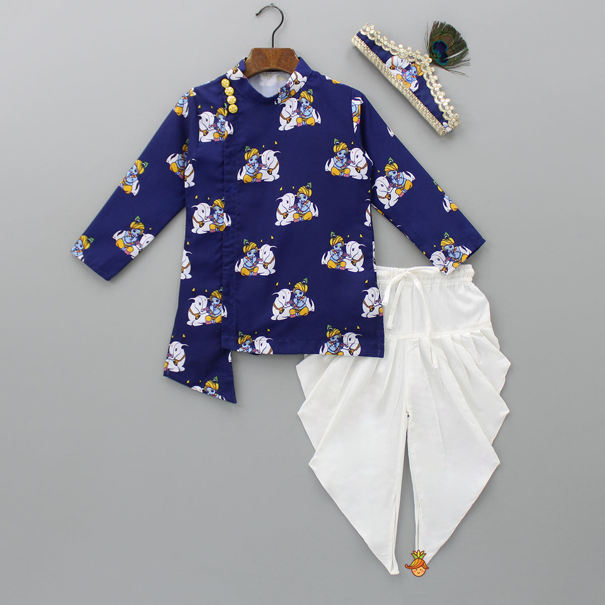 Krishna Printed Blue Kurta With Dhoti And Mukut
