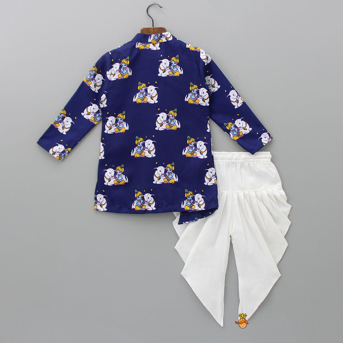 Krishna Printed Blue Kurta With Dhoti And Mukut