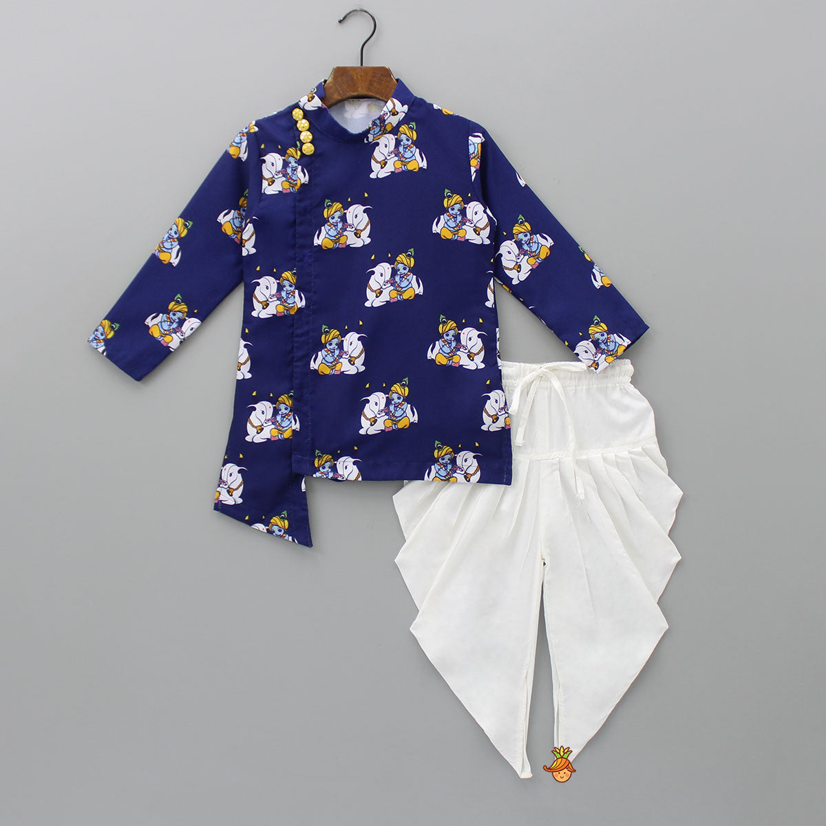 Krishna Printed Blue Kurta With Dhoti And Mukut