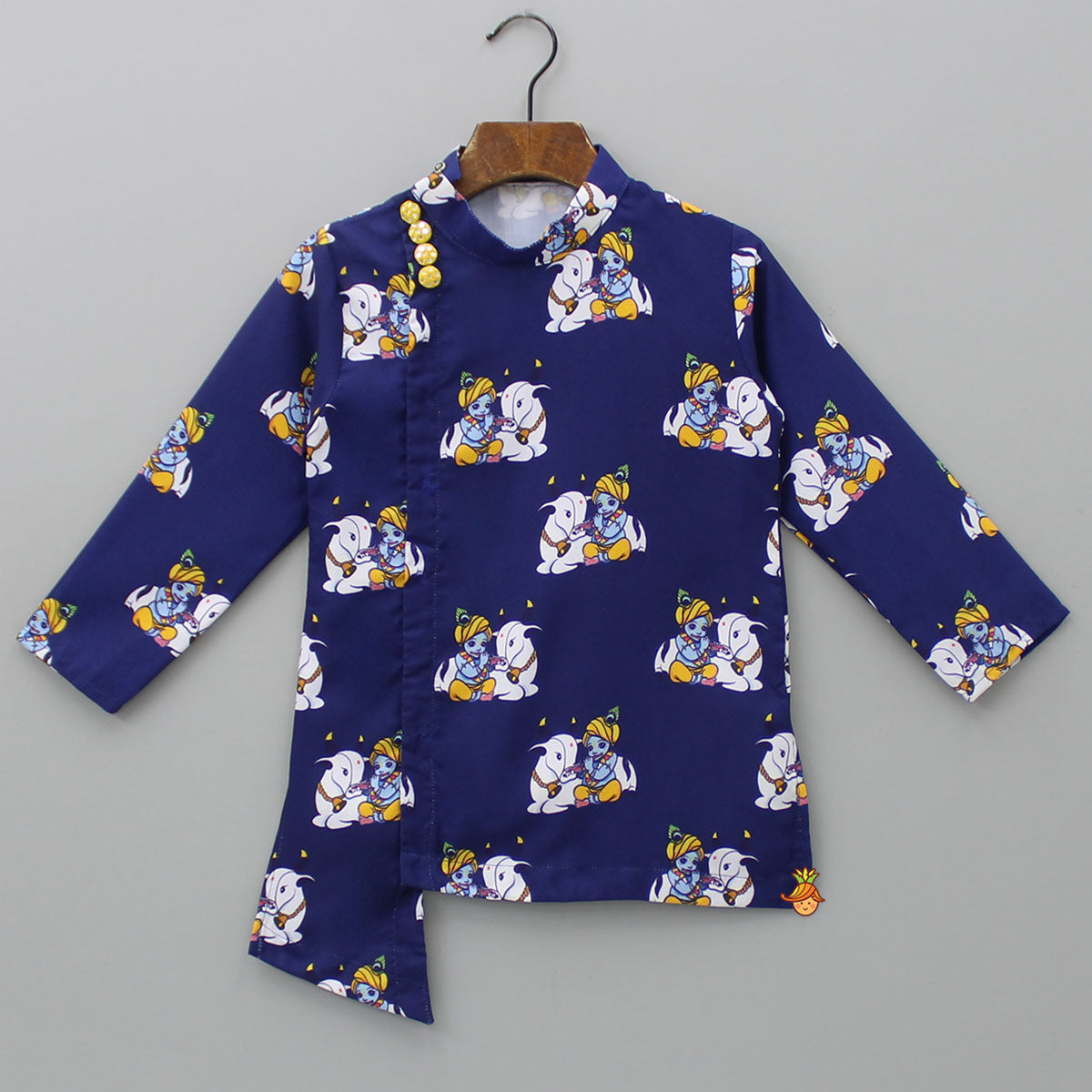 Krishna Printed Blue Kurta With Dhoti And Mukut