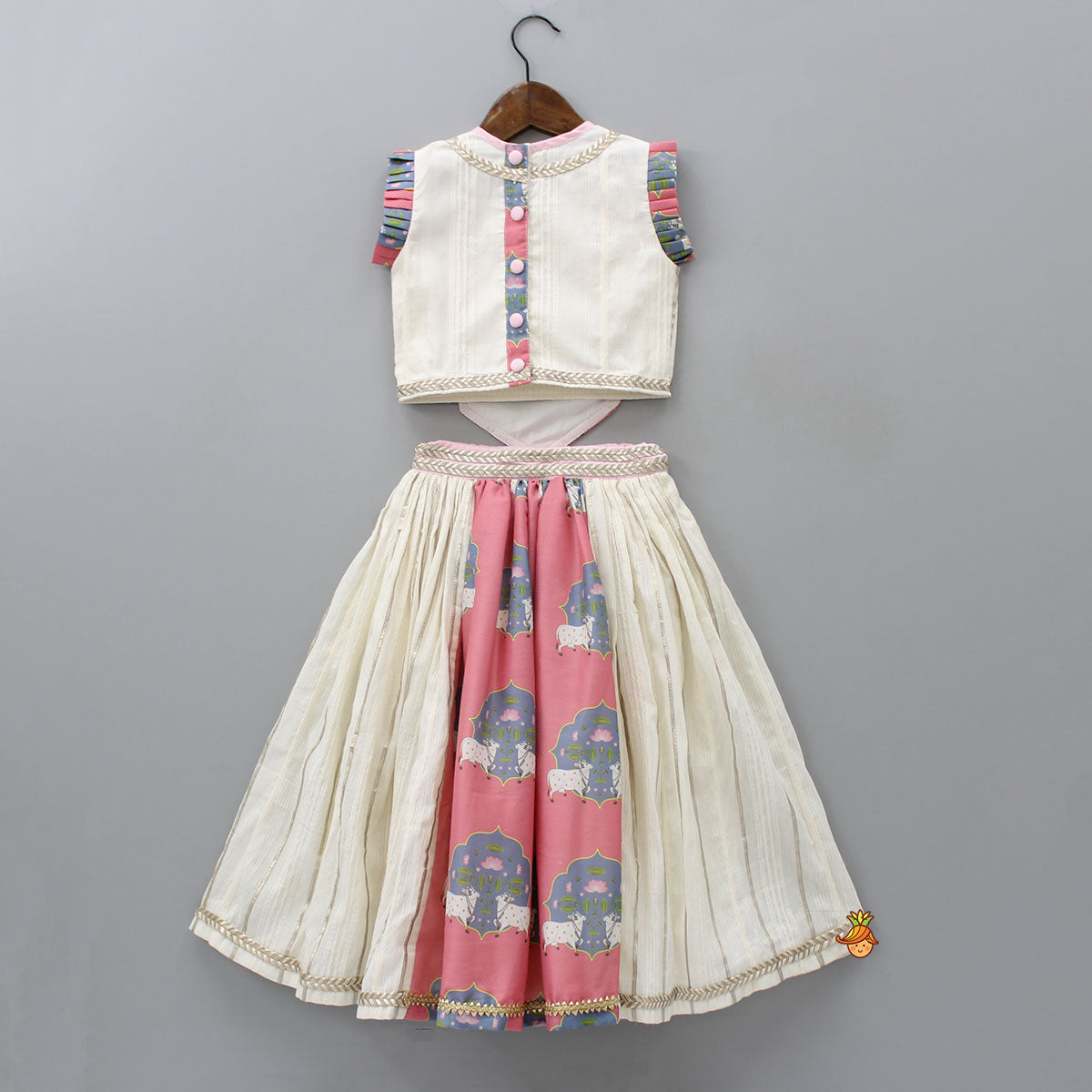 Off White Cow Printed Top And Lehenga With Net Dupatta And Mukut