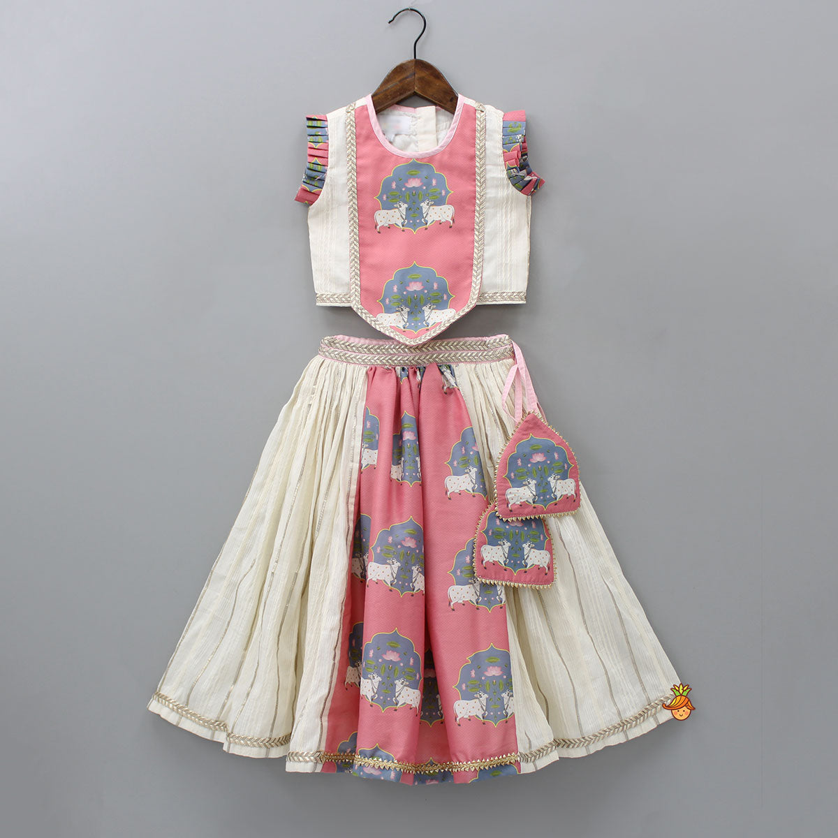 Off White Cow Printed Top And Lehenga With Net Dupatta And Mukut