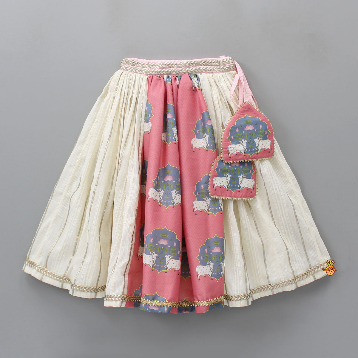 Off White Cow Printed Top And Lehenga With Net Dupatta And Mukut