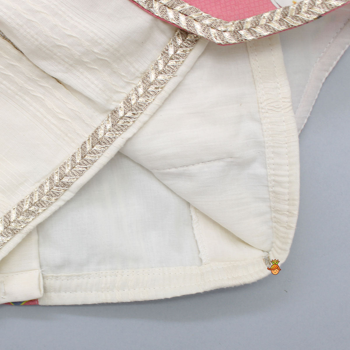 Off White Cow Printed Top And Lehenga With Net Dupatta And Mukut
