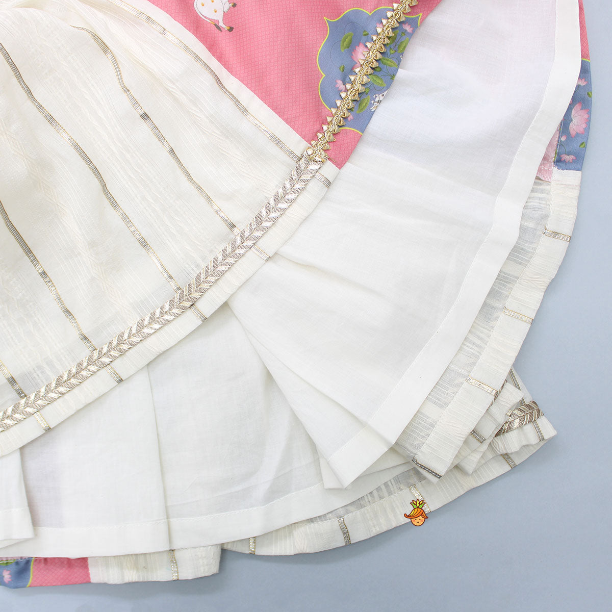 Off White Cow Printed Top And Lehenga With Net Dupatta And Mukut