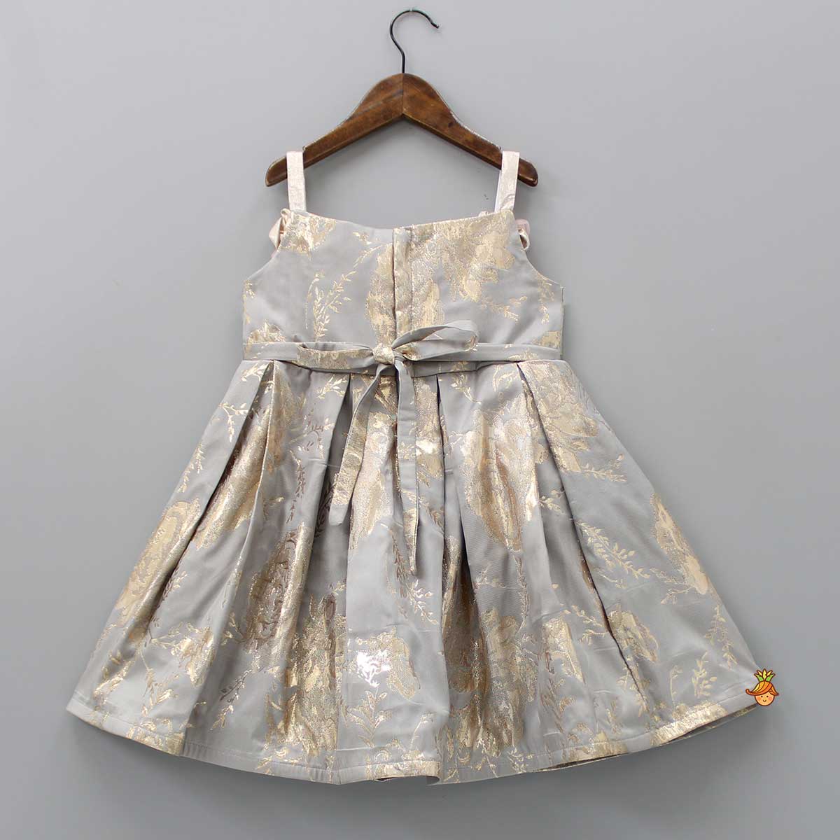 Grey Brocade Box Pleated Dress