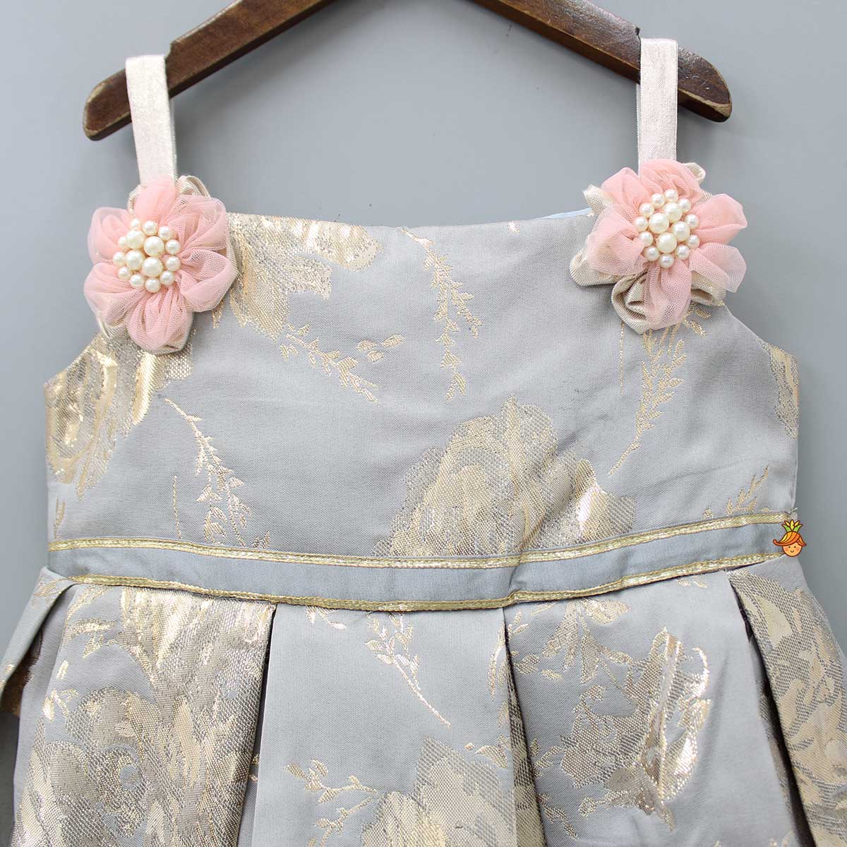 Grey Brocade Box Pleated Dress