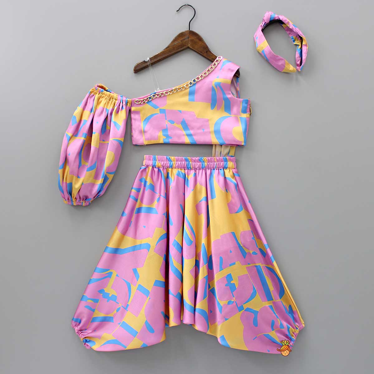 Pre Order: Abstract Printed One Shoulder Top And Cowl Pant With Matching Hair Band