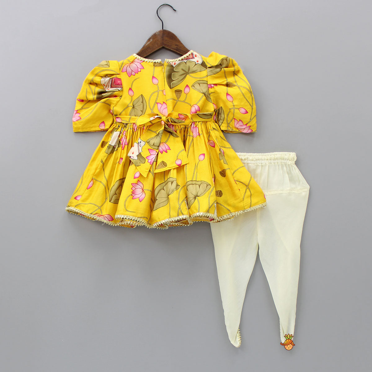 Printed Puffed Sleeves Yellow Peplum Top With Tulip Pant