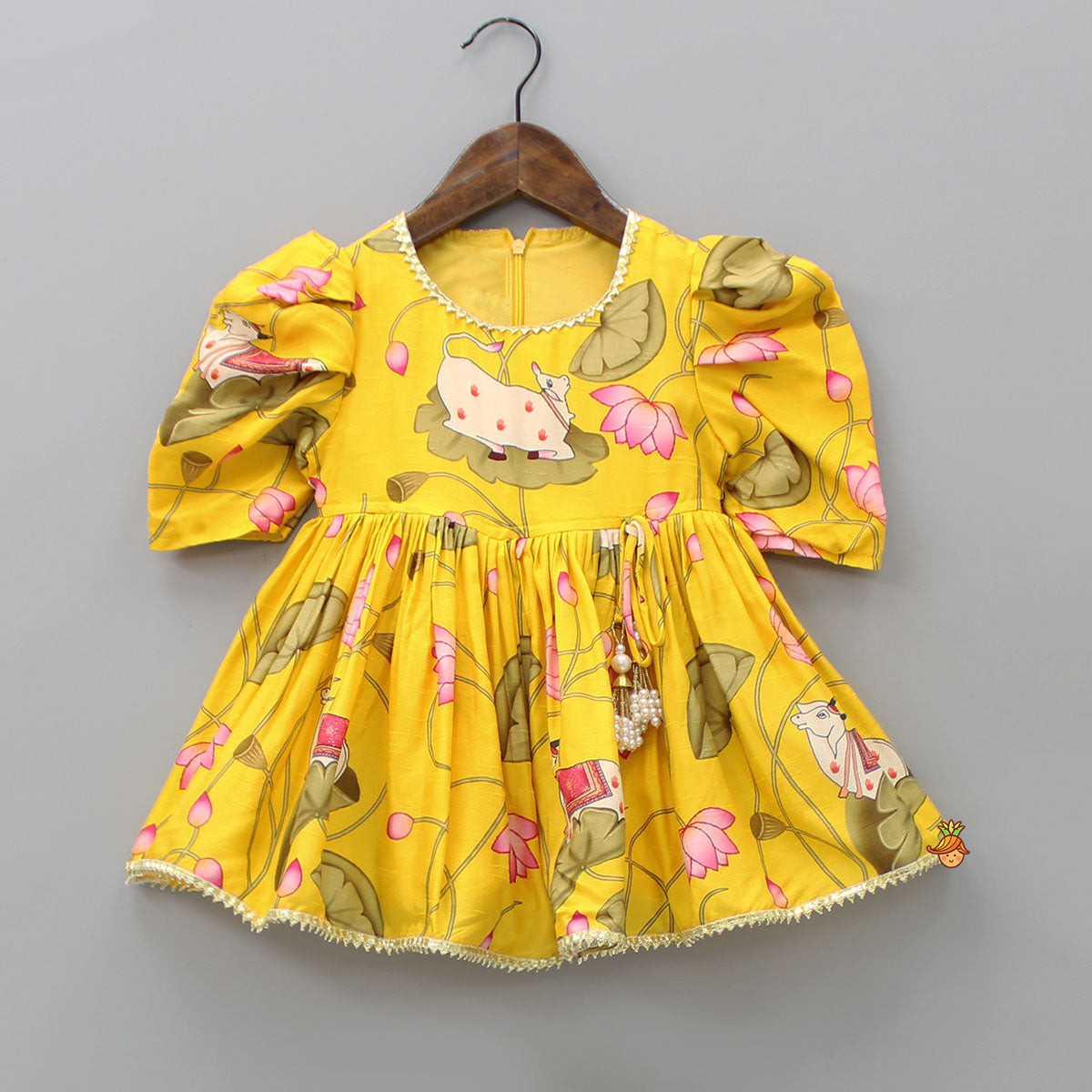 Printed Puffed Sleeves Yellow Peplum Top With Tulip Pant