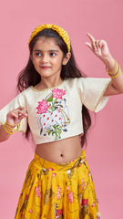 Pre Order: Off White Cow Embroidered Top With Pleated Yellow Lehenga