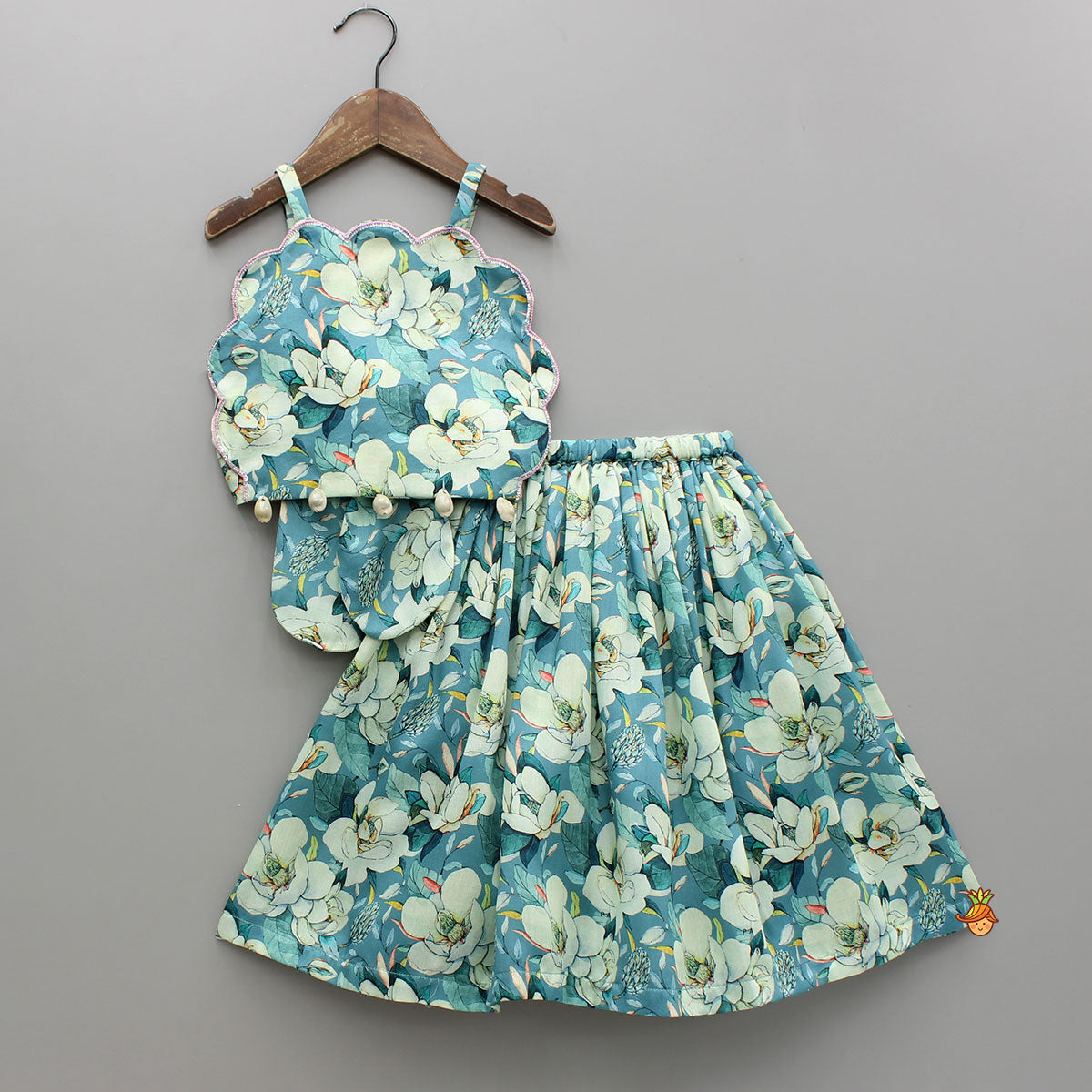 Floral Printed Scalloped Shaped Yoke Top With Lehenga