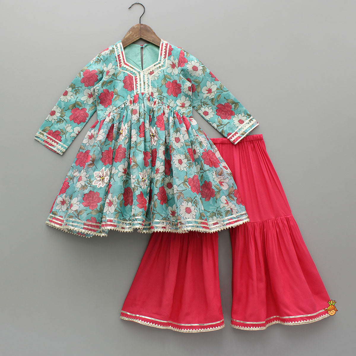 Floral Printed Kurti And Pink Flared Sharara