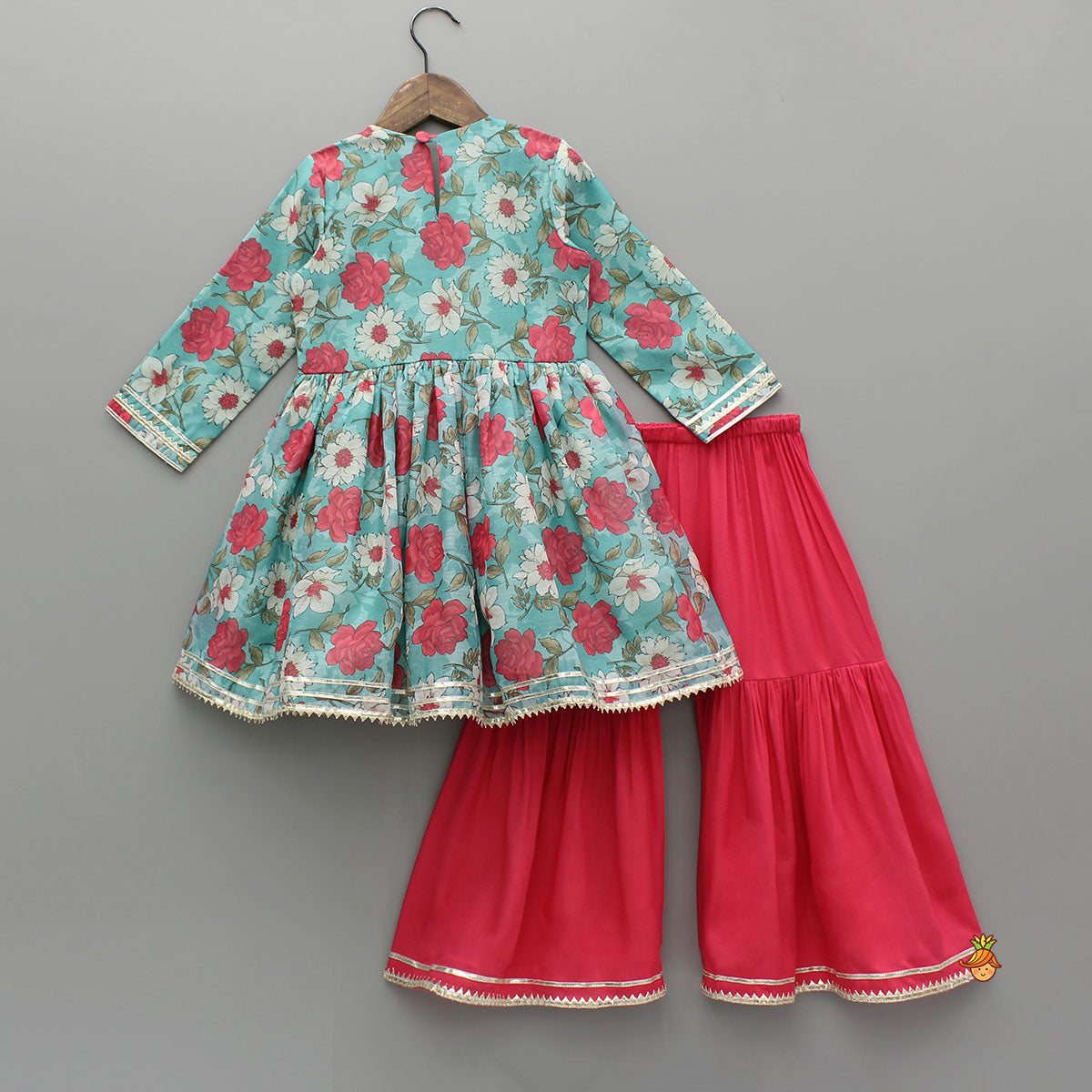 Floral Printed Kurti And Pink Flared Sharara