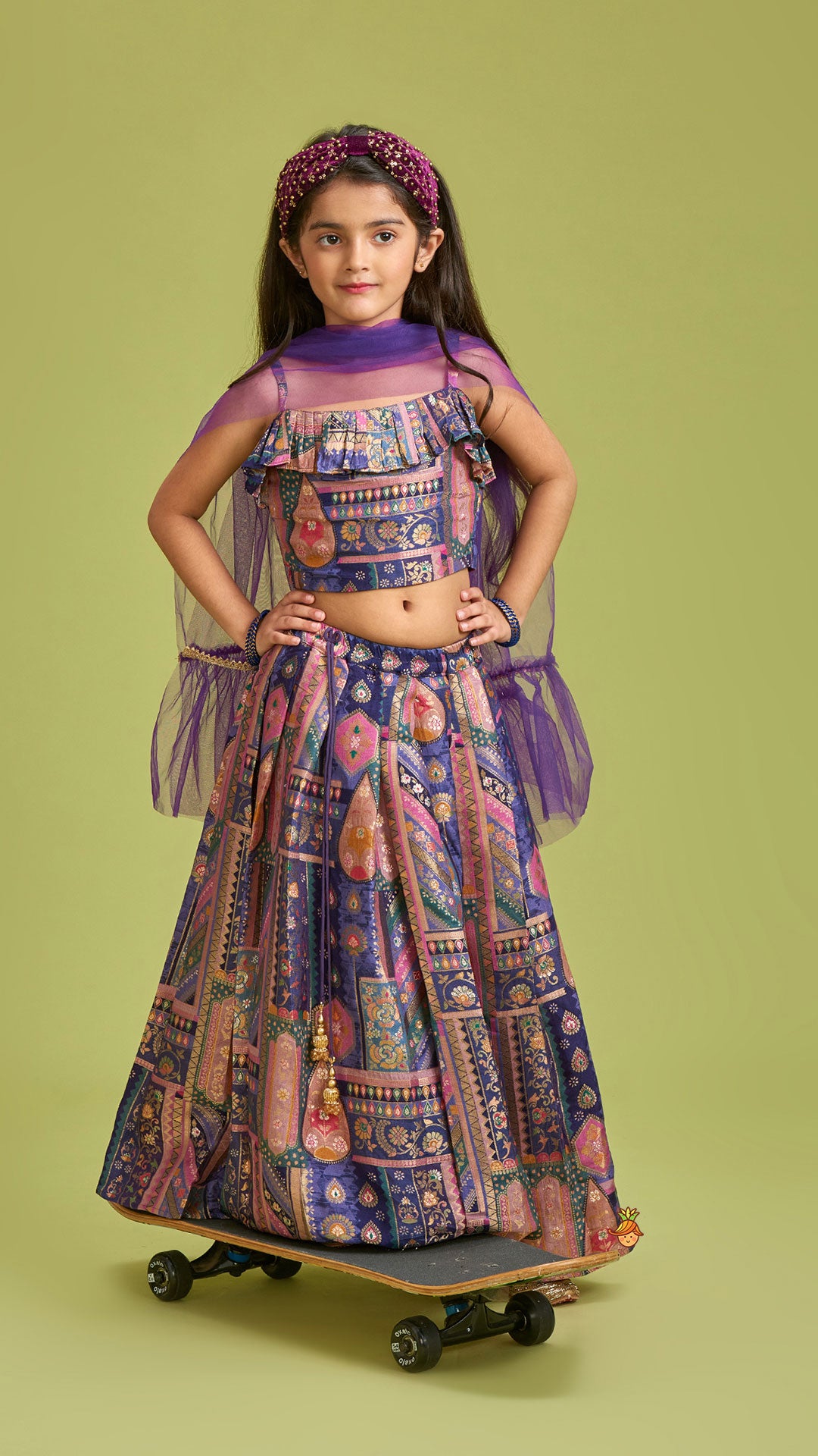 Multicolour Embroidered Pleated Top And Lehenga With Net Dupatta