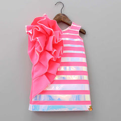 Pre Order: Pink Holographic Ruffle Dress With Bow Hair Band