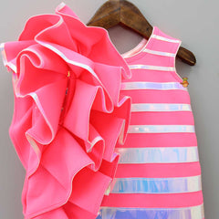 Pre Order: Pink Holographic Ruffle Dress With Bow Hair Band