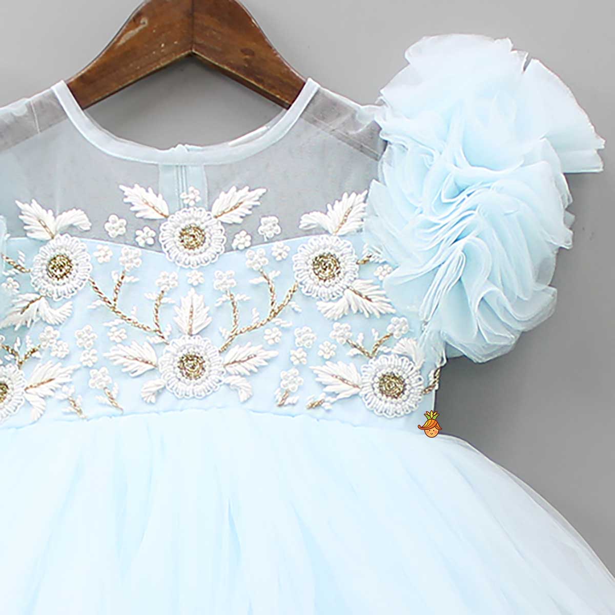 Cut Dana Embellished Blue Ruffled Sleeves Dress