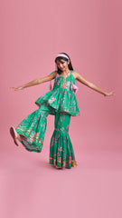 Pre Order: Green Top And Sharara With Pink Floral Prints And Net Dupatta