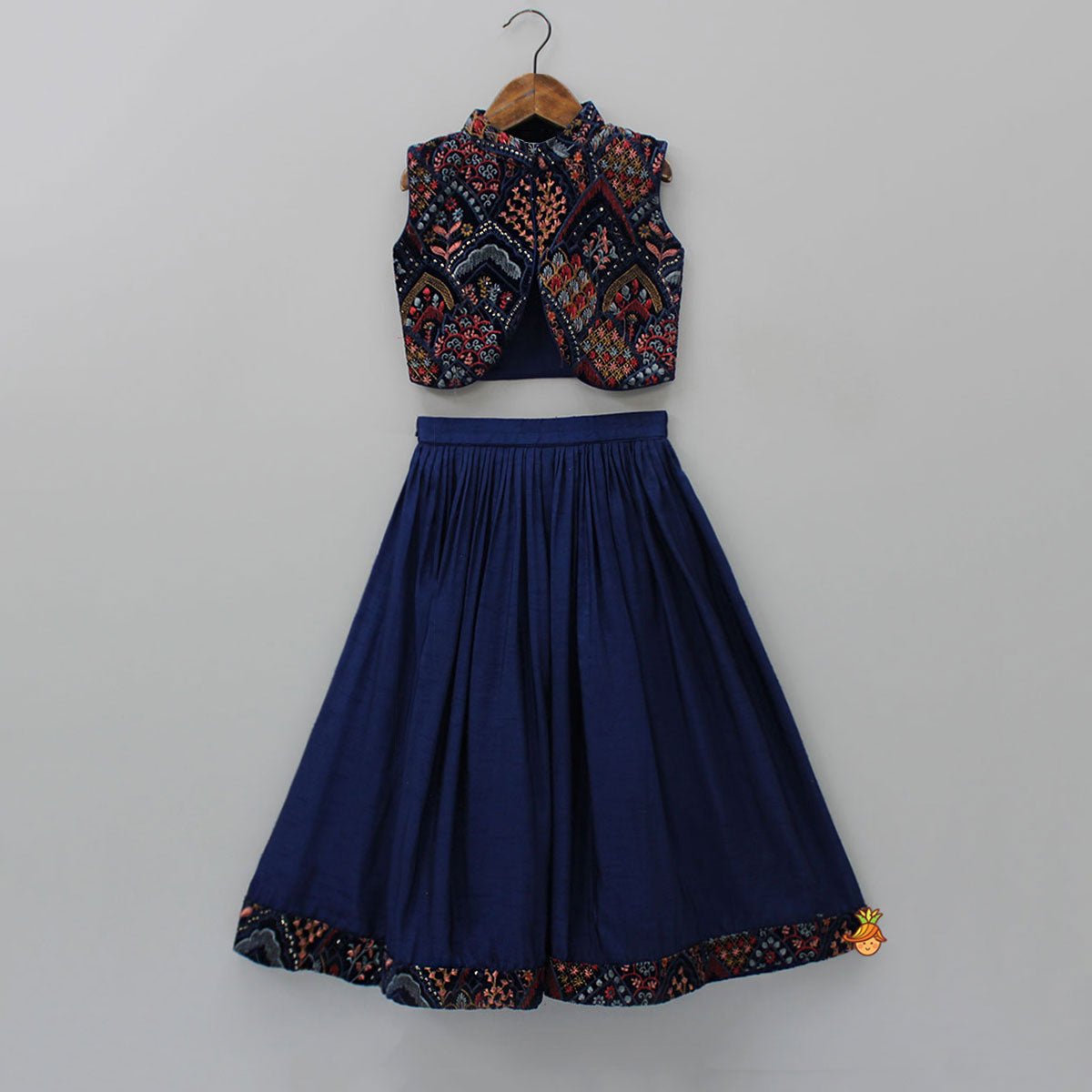 Stylish Cut Out Thread Embroidered Velvet Blue Top And Flared Palazzo