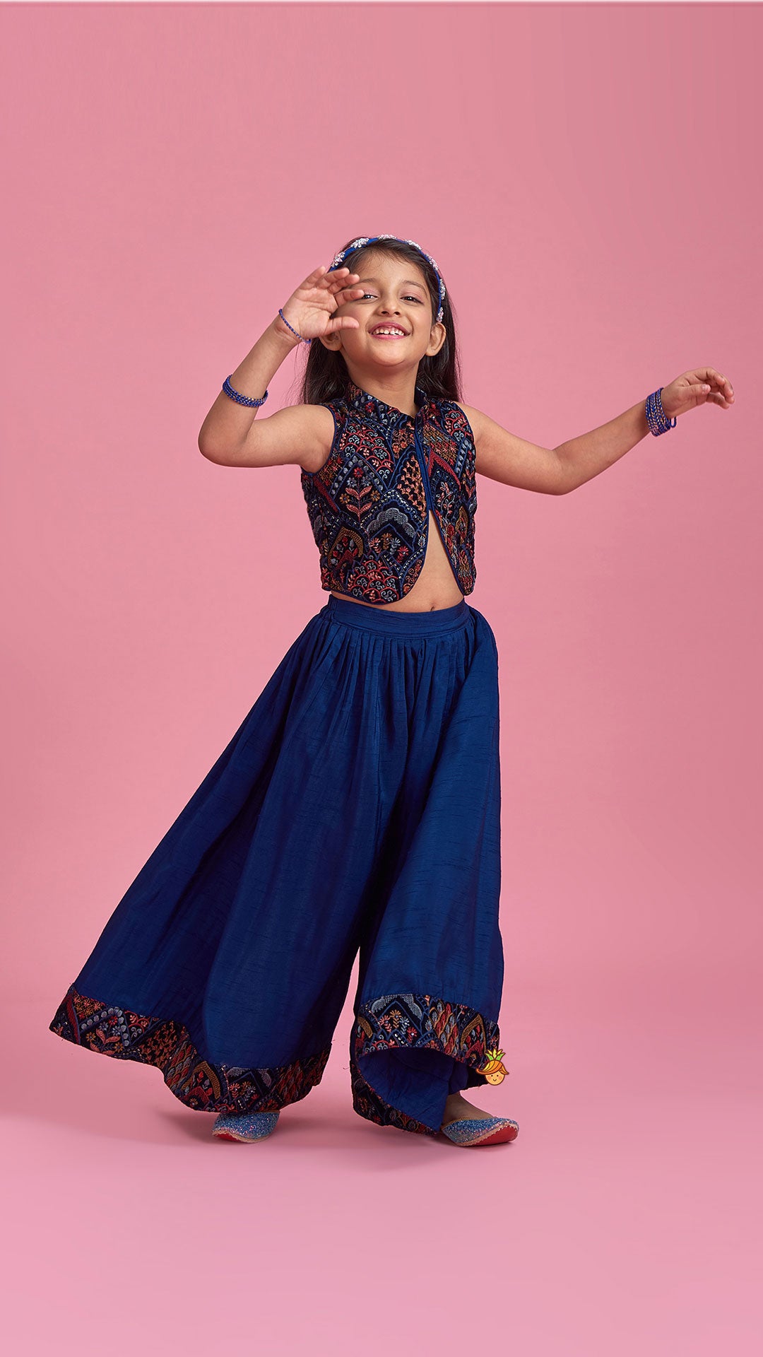 Stylish Cut Out Thread Embroidered Velvet Blue Top And Flared Palazzo