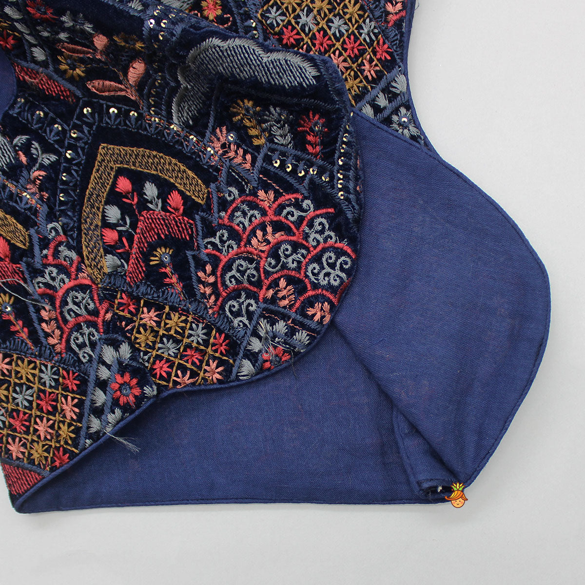 Stylish Cut Out Thread Embroidered Velvet Blue Top And Flared Palazzo