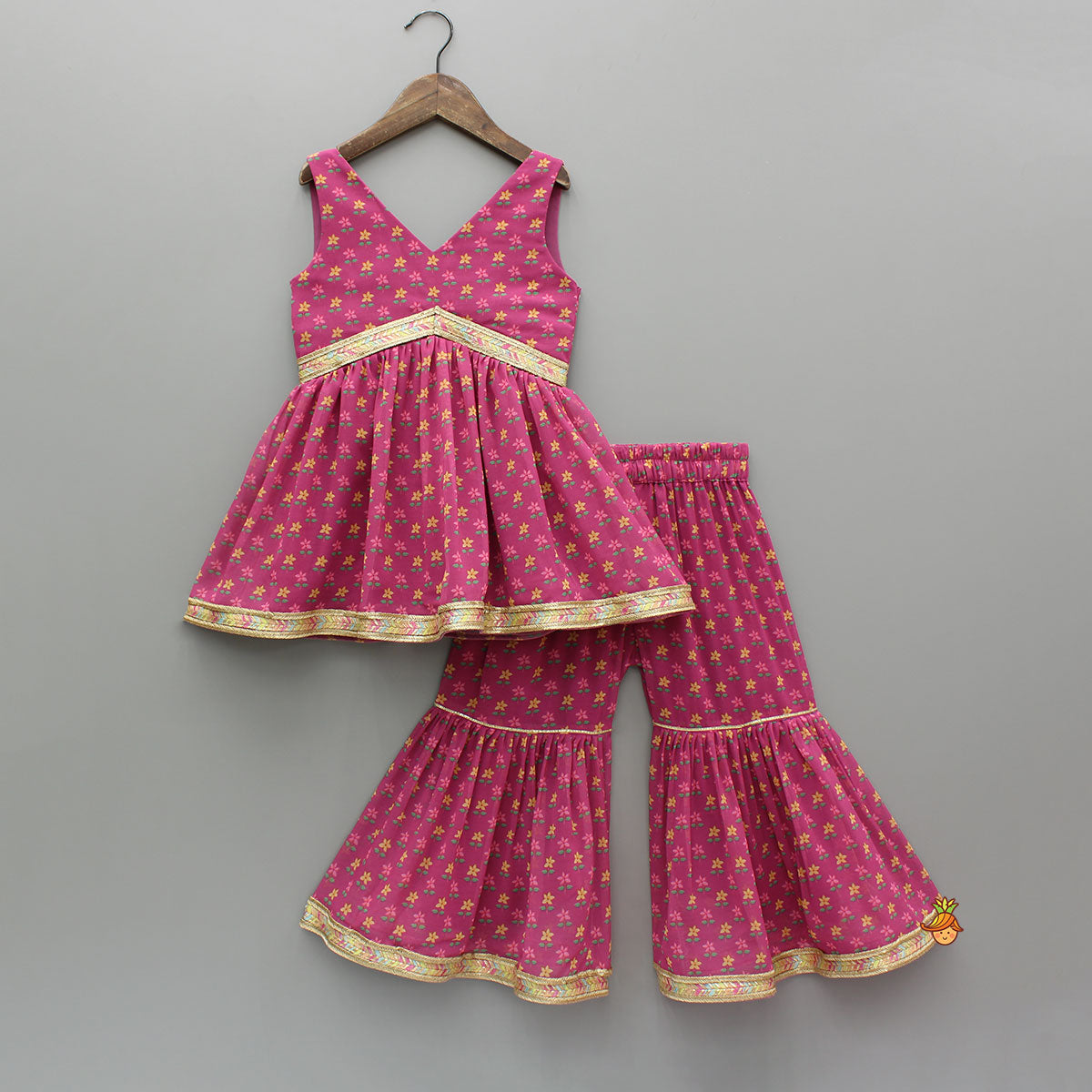 Floral Printed Lace Detailed Kurti And Sharara With Matching Dupatta