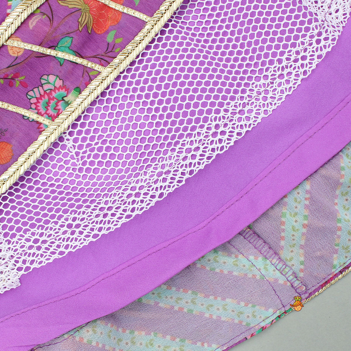 Floral Printed Lace Detailed Purple Top And Lehenga With Dupatta
