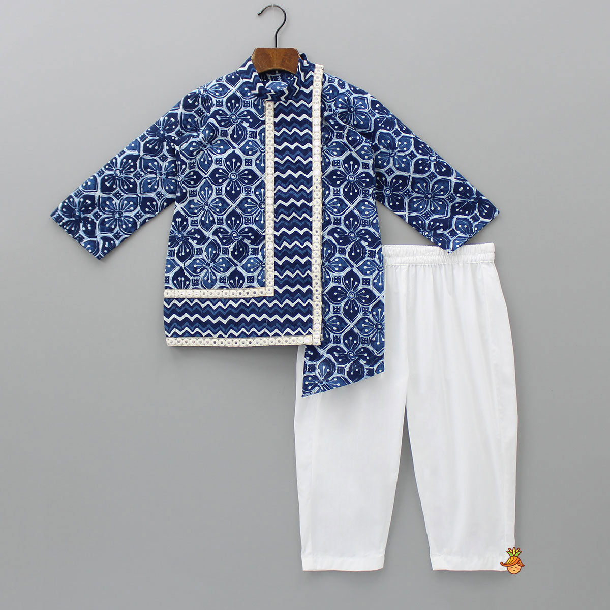 Pre Order: Printed Faux Mirror Detailed Blue Kurta With White Pyjama