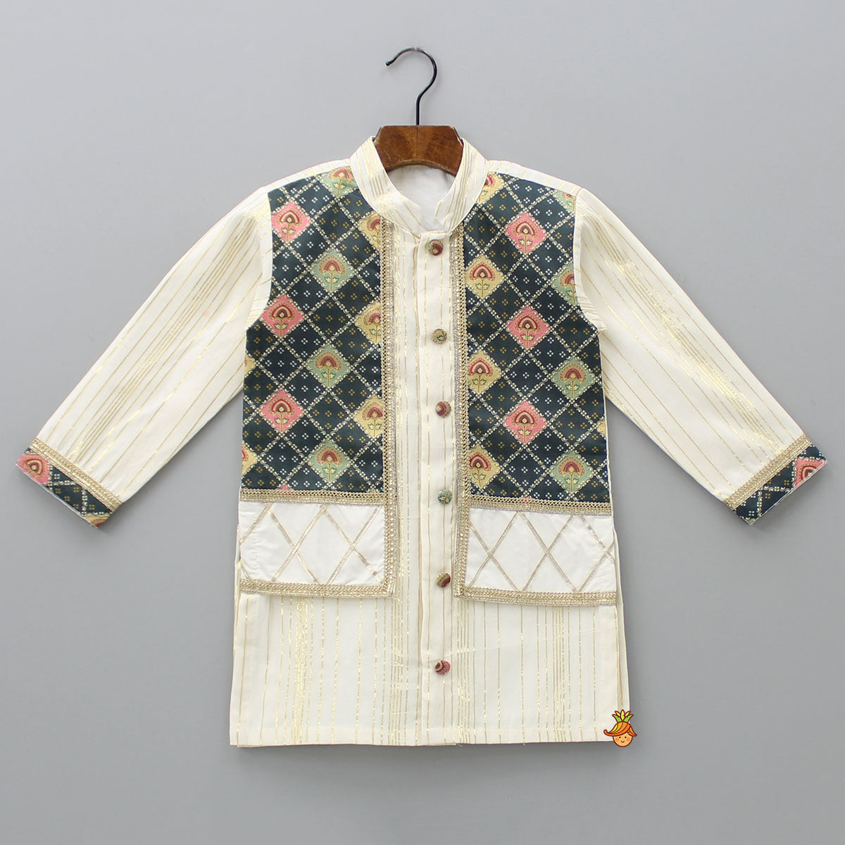 Lurex Stripes Off White Jacket Style Kurta And Pyjama