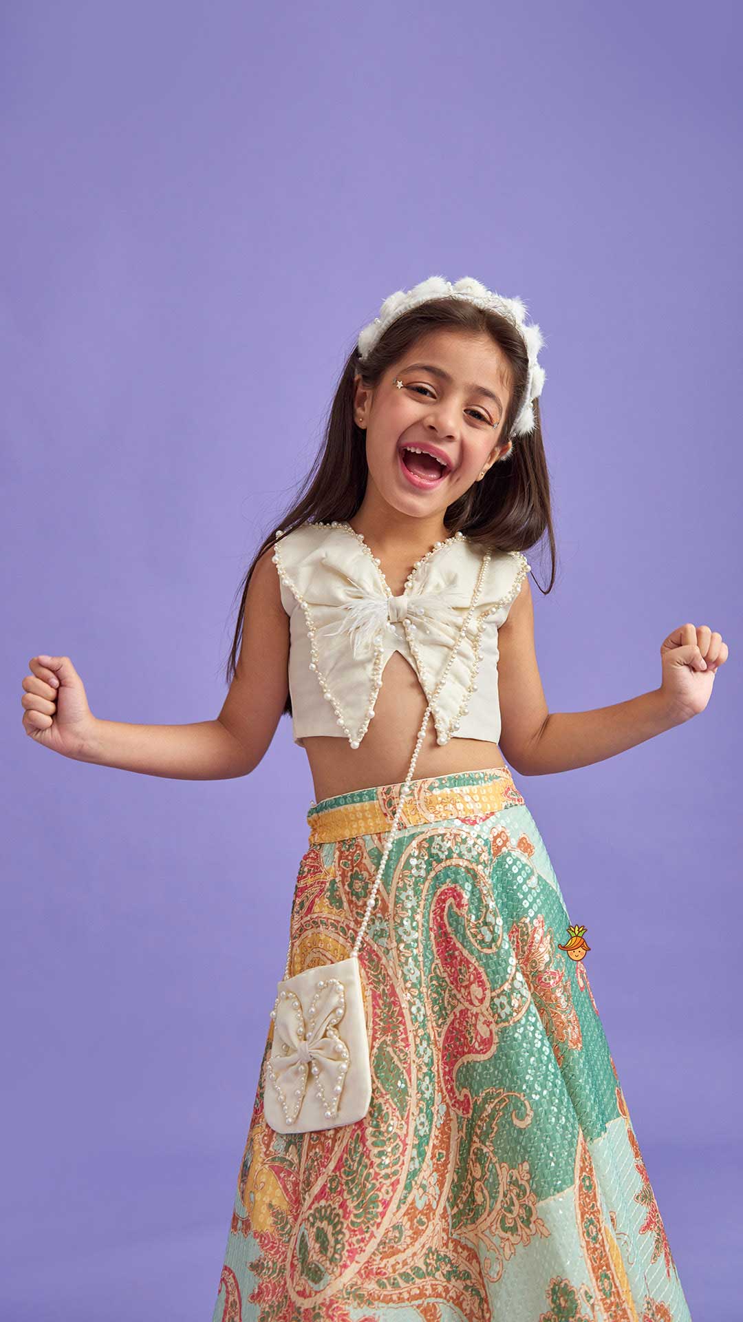 Elegant Pearl Embroidered Butterfly Top And Sequins Work Lehenga With Sling Bag