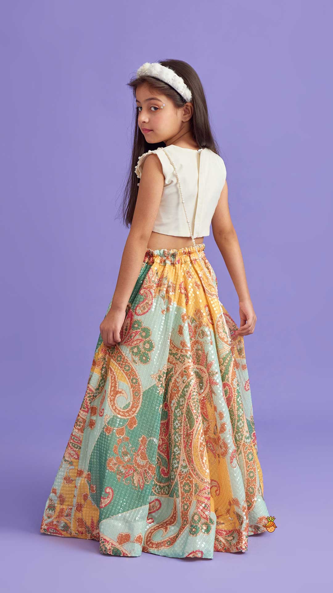 Elegant Pearl Embroidered Butterfly Top And Sequins Work Lehenga With Sling Bag
