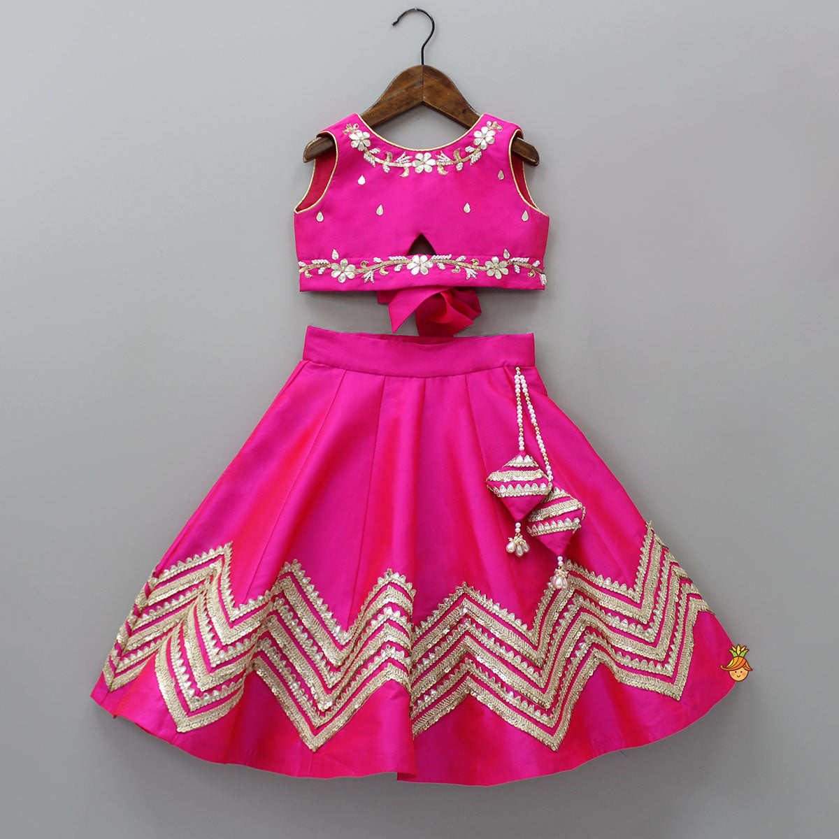 Gota Lace Enhanced Pink Top And Lehenga With Net Dupatta