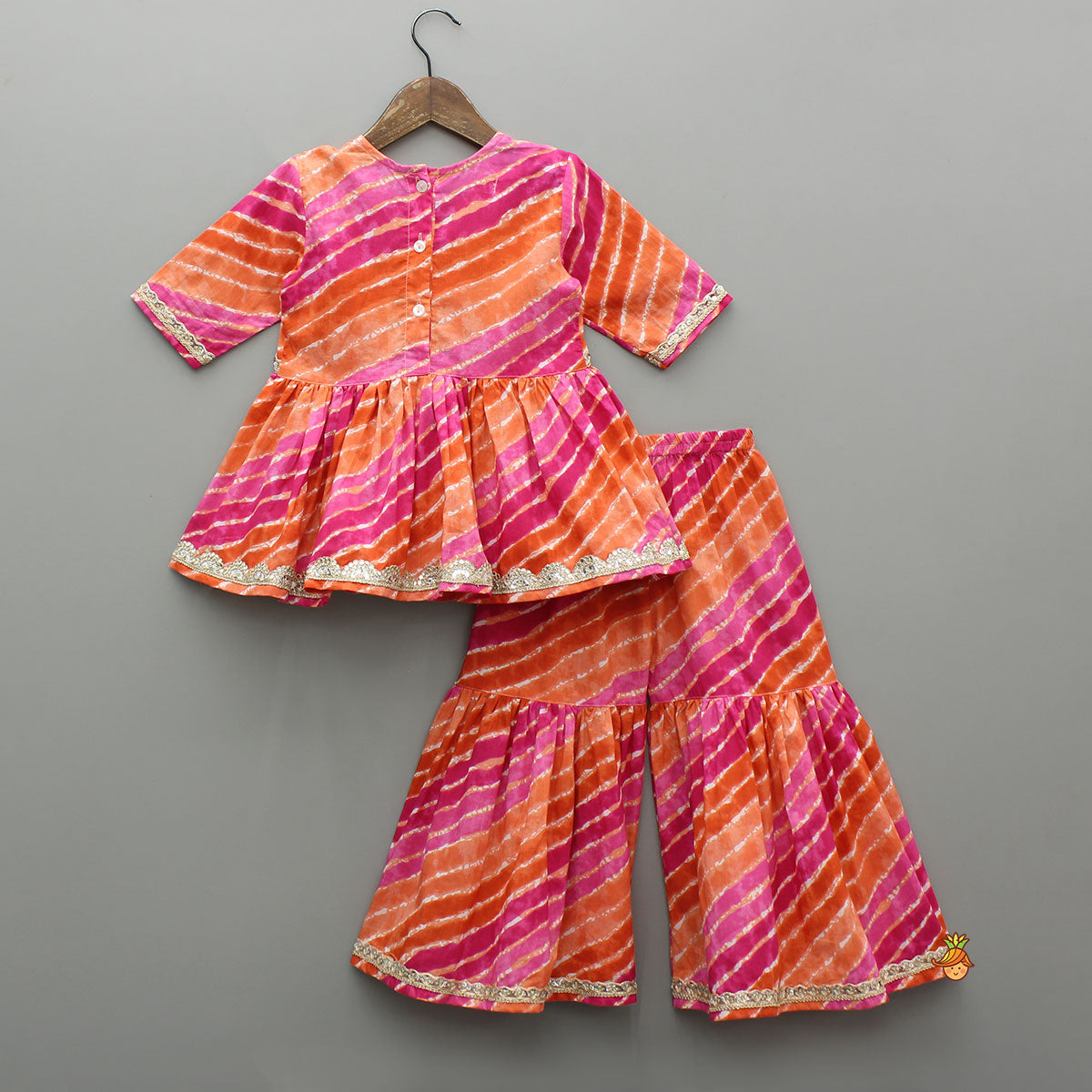 Multicolour Leheriya Printed Kurti With Lace Work Sharara And Dupatta