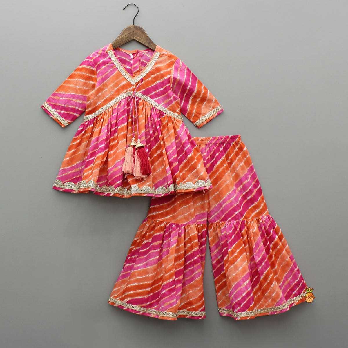 Multicolour Leheriya Printed Kurti With Lace Work Sharara And Dupatta