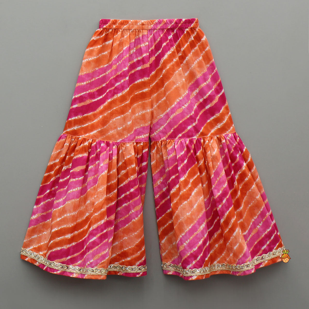 Multicolour Leheriya Printed Kurti With Lace Work Sharara And Dupatta