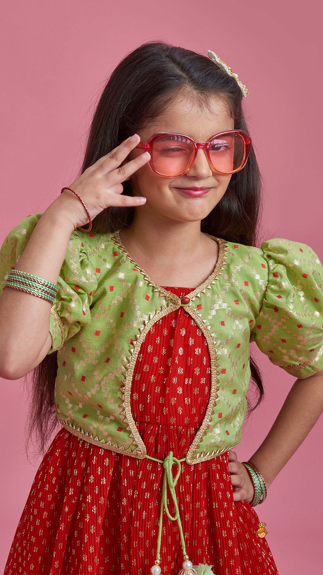 Ethnic Pleated Georgette Red Dress With Puffed Sleeves Jacket