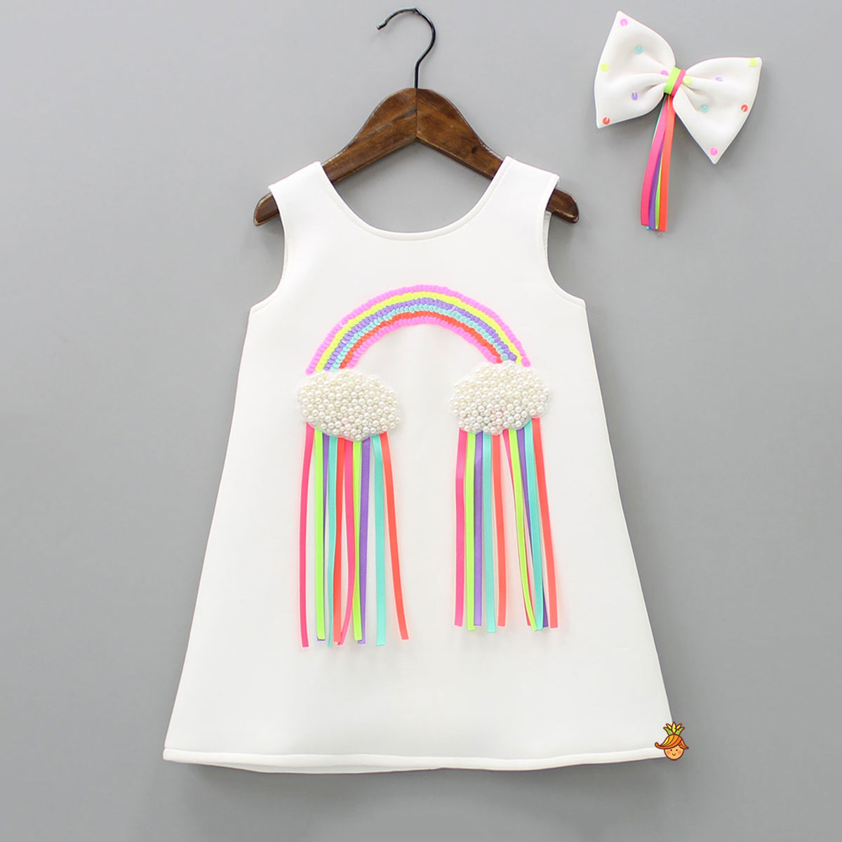 Sequins Rainbow Embroidered White Dress With Bowie Hair Clip