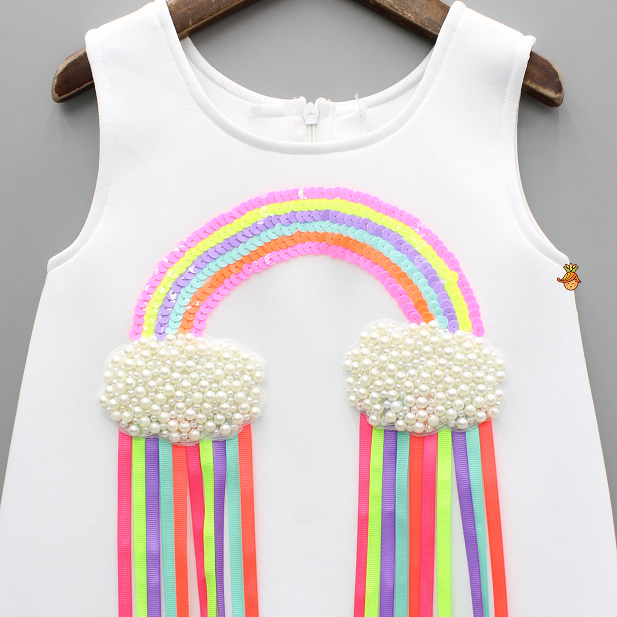 Sequins Rainbow Embroidered White Dress With Bowie Hair Clip