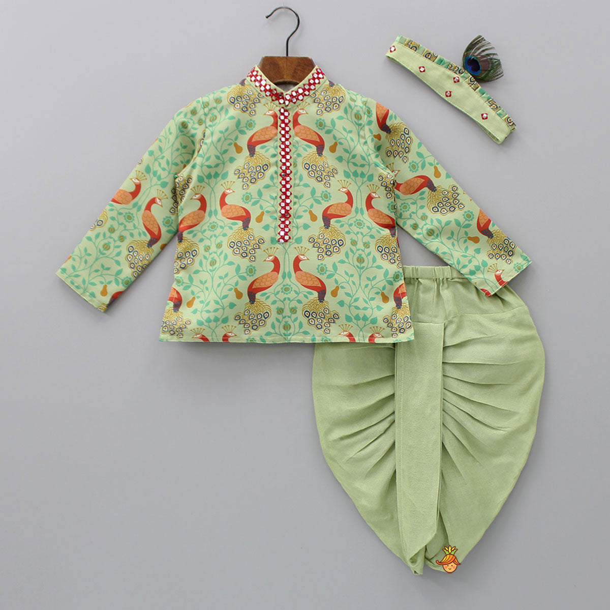 Peacock Printed Kurta And Dhoti With Matching Mukut