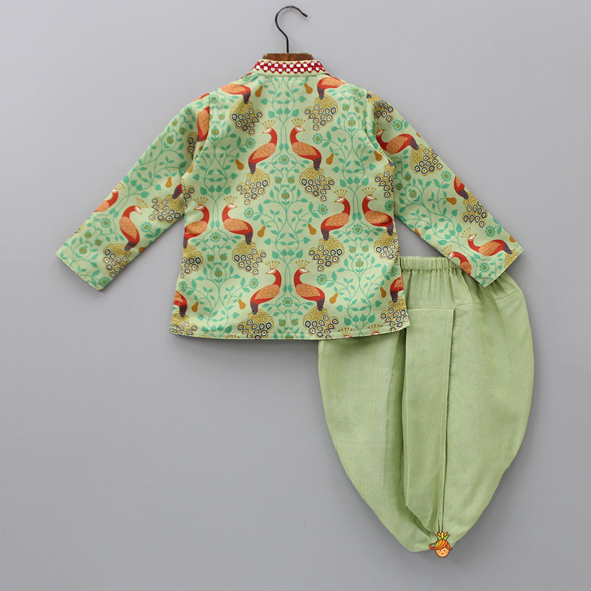 Peacock Printed Kurta And Dhoti With Matching Mukut