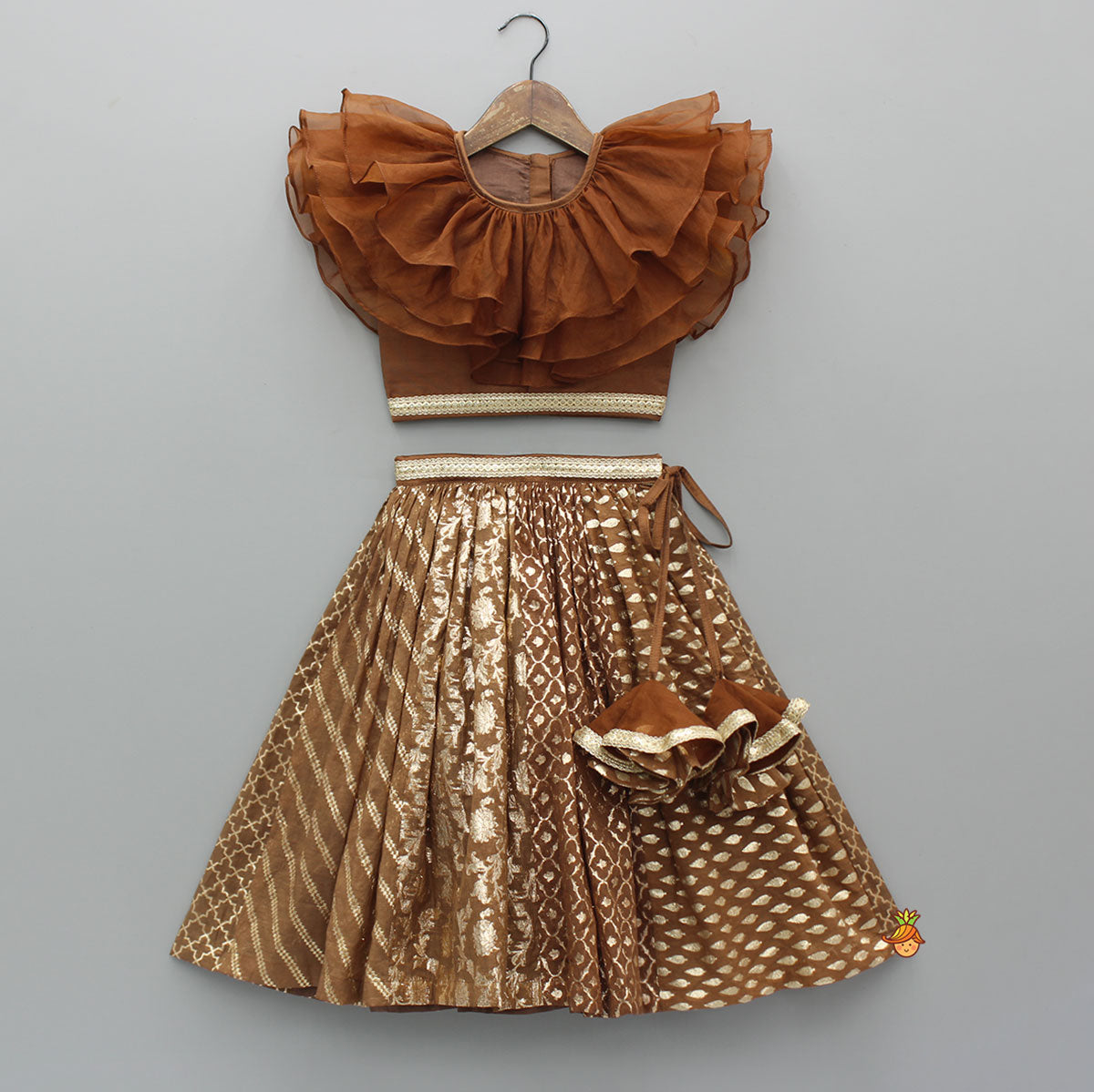Organza Triple Layered Flap Brown Top And Zari Embroidered Lehenga