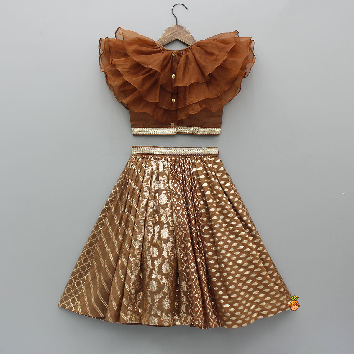 Organza Triple Layered Flap Brown Top And Zari Embroidered Lehenga