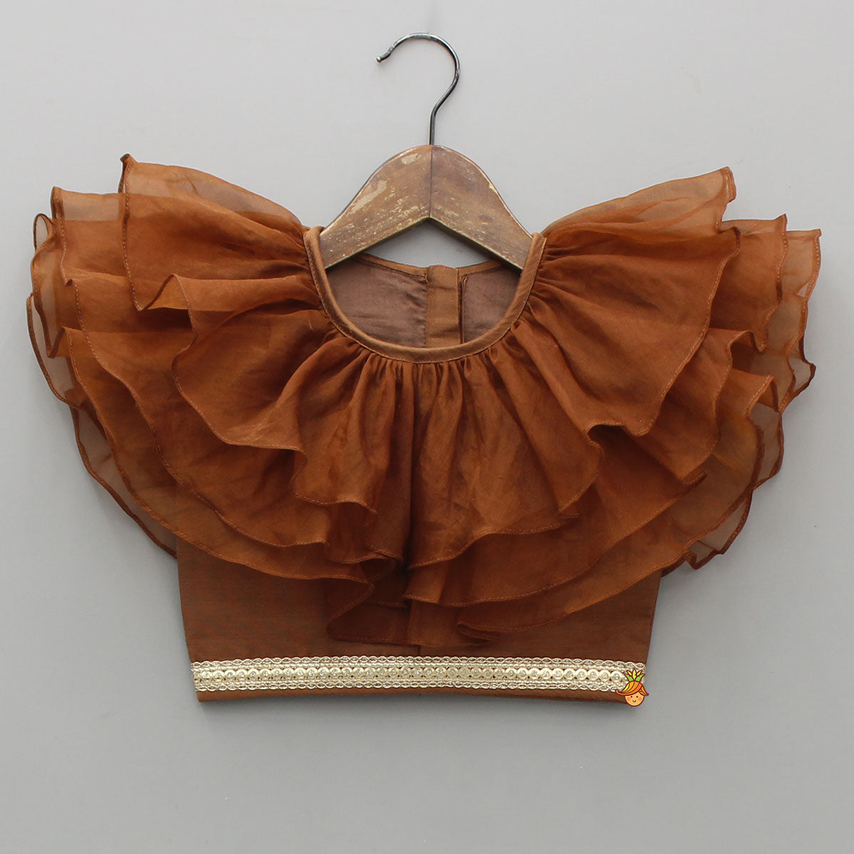Organza Triple Layered Flap Brown Top And Zari Embroidered Lehenga