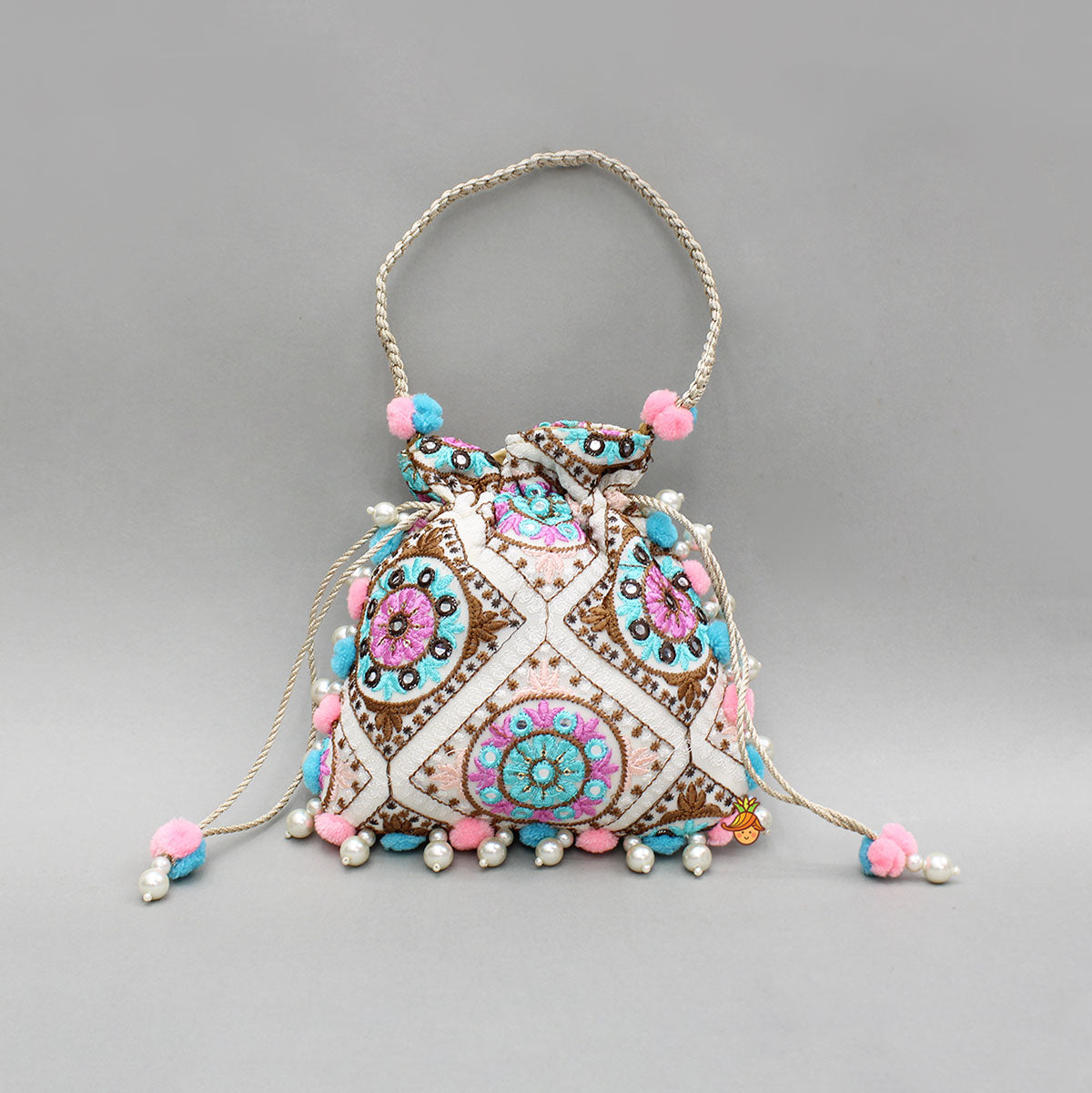 Multicolour Embroidered Pom Pom Tassels Detailed Potli Bag