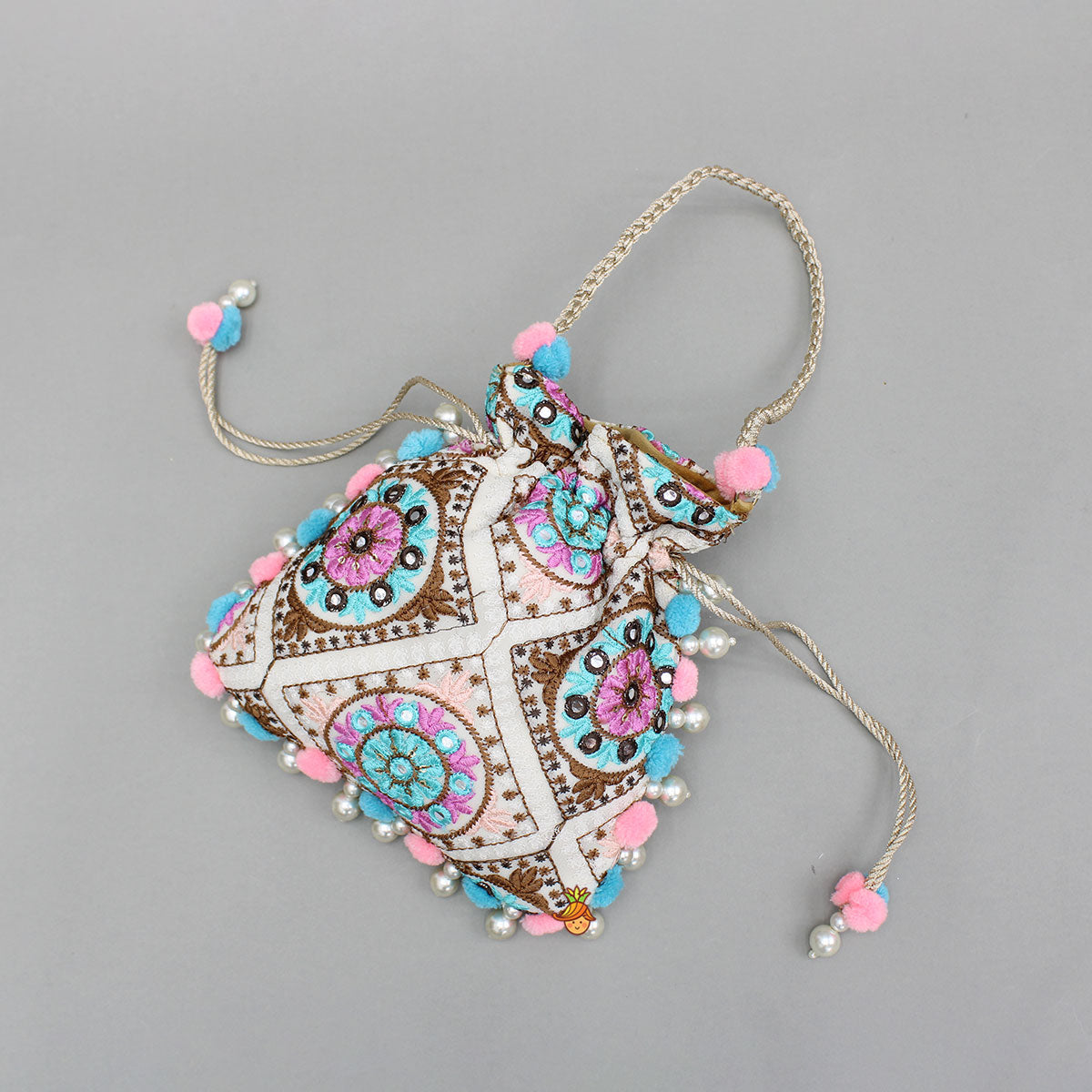Multicolour Embroidered Pom Pom Tassels Detailed Potli Bag