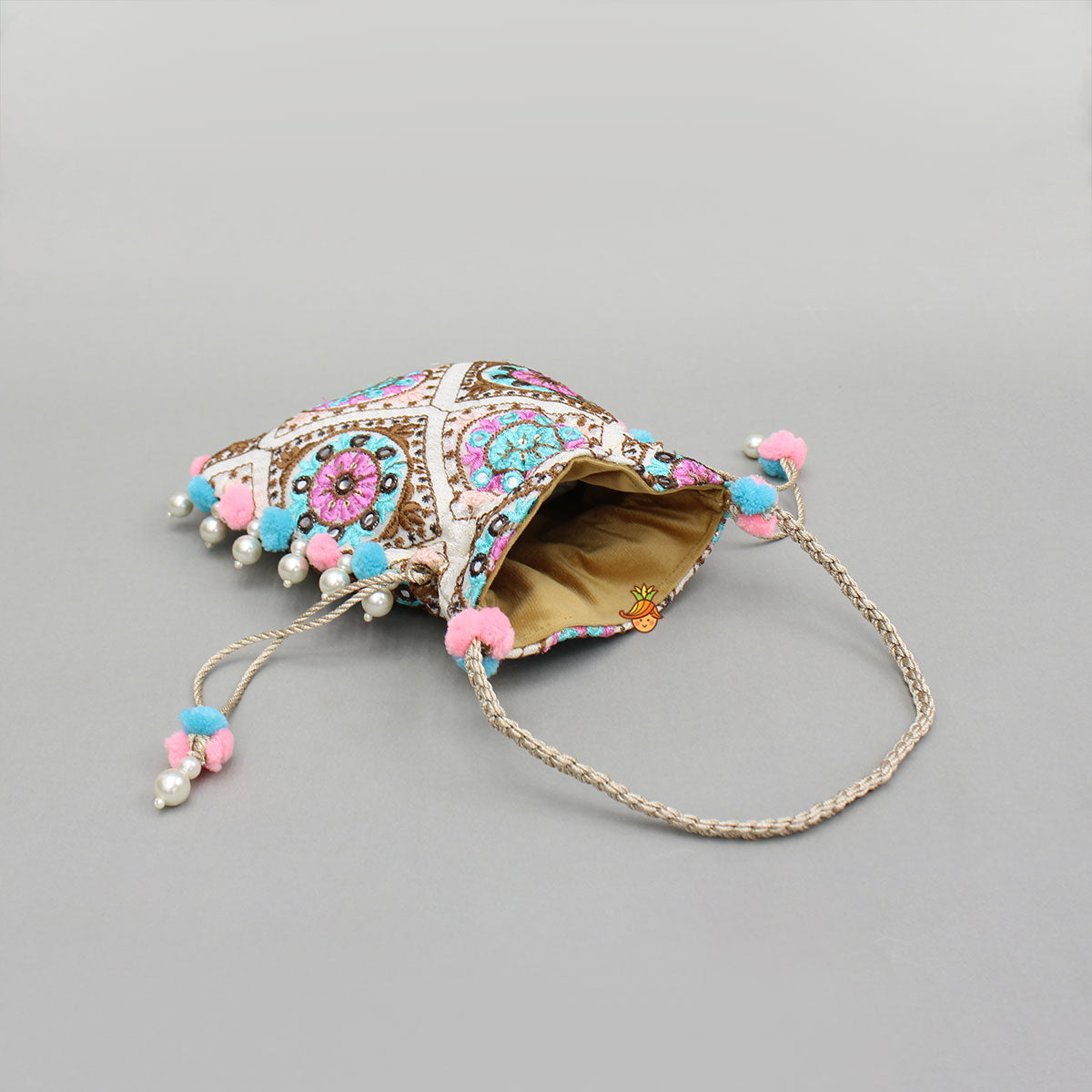 Multicolour Embroidered Pom Pom Tassels Detailed Potli Bag