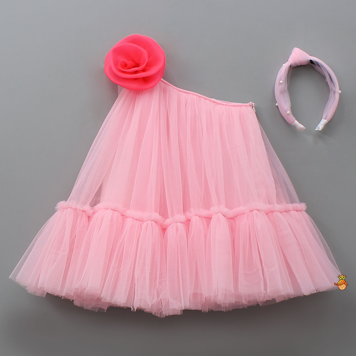 Swirled Flower Enhanced Pink One Shoulder Dress With Hair Band